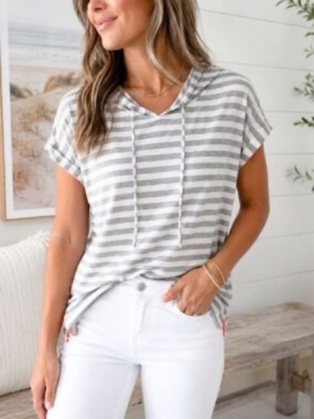 Jane and Delancey Gray & White Striped Hooded Tee